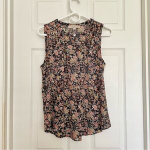 LOFT Brown Floral Split-Neck Sleeveless Blouse – Size S